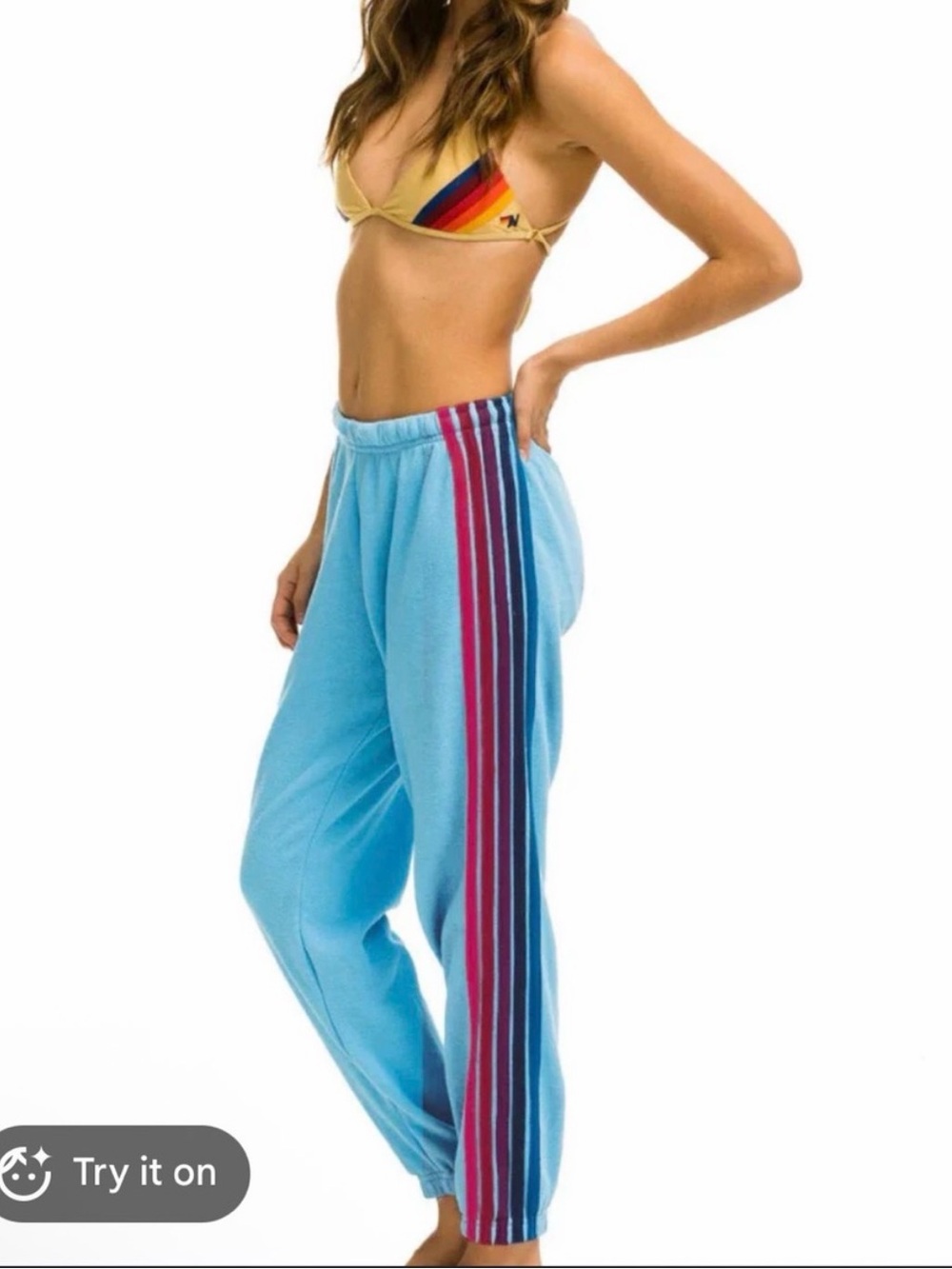 Women’s Aviator Nation Light Blue Joggers with Pink & Navy Side Stripes